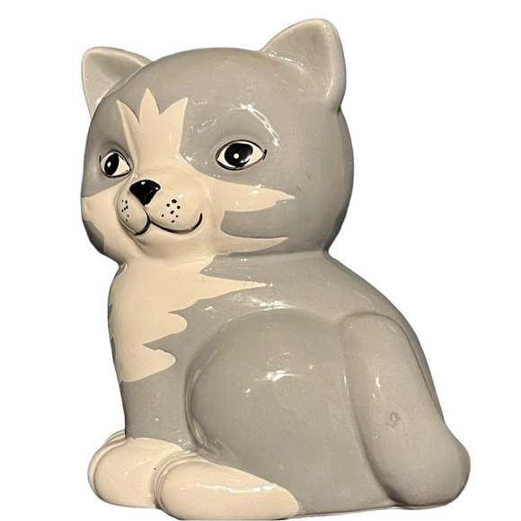 Handmade Other - Handmade ceramic kitty coin bank coin slot back of head, gray white kitty 6 x 5”
